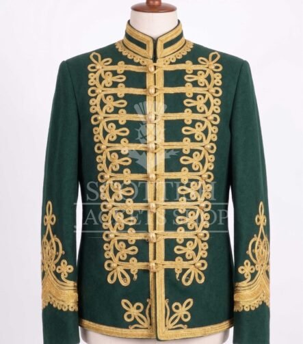 Dark green military jacket with dense gold embroidery, mandarin collar and matte gold buttons - front view