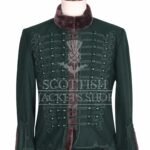 Dark green Hussar military jacket with tonal braid and brown fur collar - front view