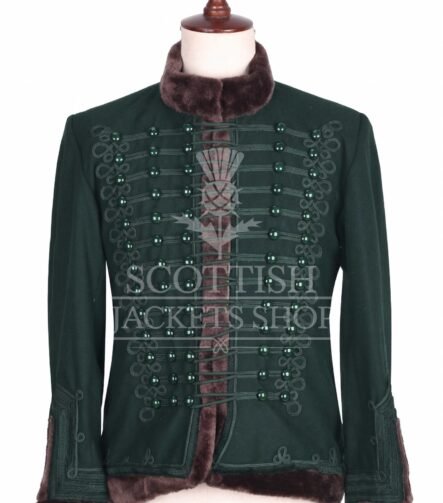 Dark green Hussar military jacket with tonal braid and brown fur collar - front view