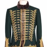 Dark green Hussar military jacket with gold Brandenburg braid and fur collar - front view