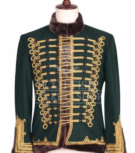 Dark green Hussar military jacket with gold Brandenburg braid and fur collar - front view