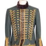 Olive green Hussar military jacket with gold Brandenburg braid and fur collar - front view