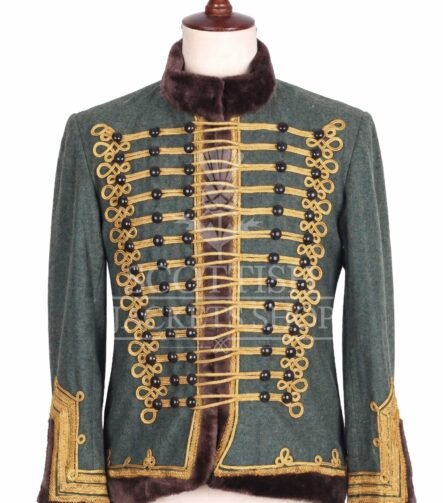 Olive green Hussar military jacket with gold Brandenburg braid and fur collar - front view