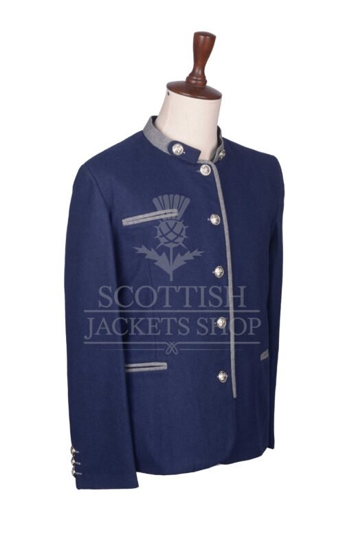 Men's Scottish Navy Blue and Grey German Jacket Traditional Highland Military Style Formal Wear
