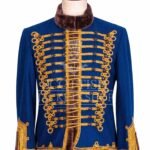 Royal blue Hussar military jacket with gold Brandenburg braid and fur collar - front view