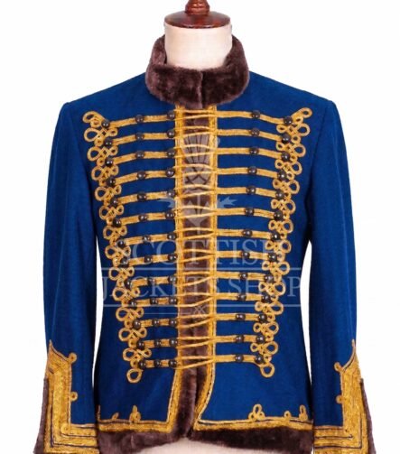 Royal blue Hussar military jacket with gold Brandenburg braid and fur collar - front view