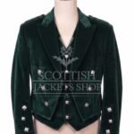 Green velvet Prince Charlie jacket with peak lapels and silver buttons, matching waistcoat - front view