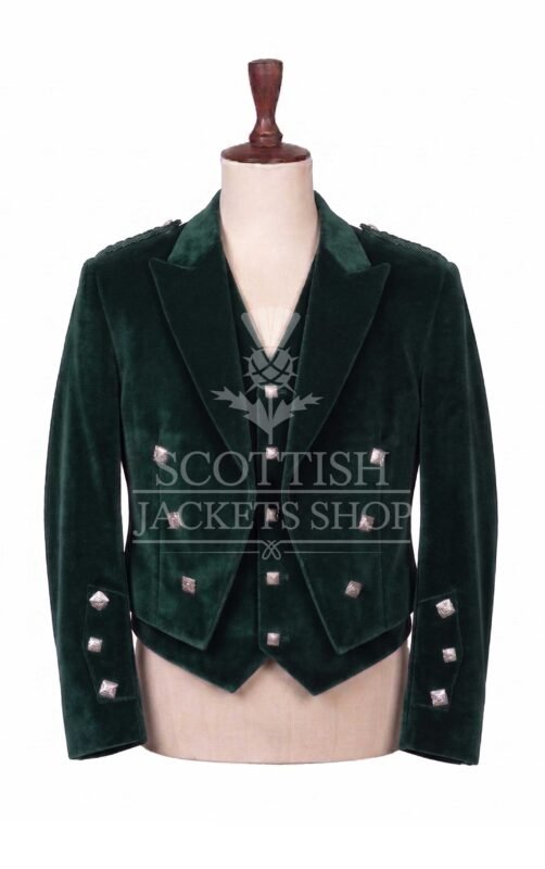Green velvet Prince Charlie jacket with peak lapels and silver buttons, matching waistcoat - front view