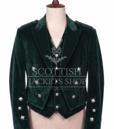 Green velvet Prince Charlie jacket with peak lapels and silver buttons, matching waistcoat - front view