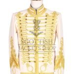 Cream military jacket with dense gold embroidery, mandarin collar and matte gold buttons - front view