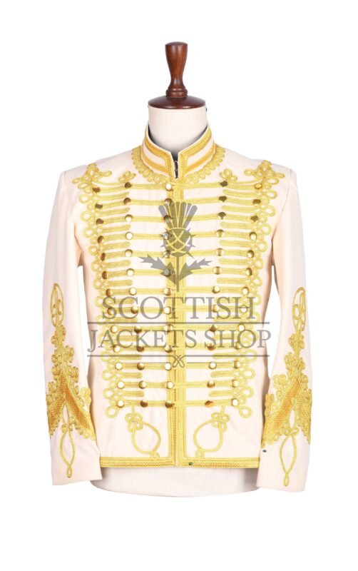 Cream military jacket with dense gold embroidery, mandarin collar and matte gold buttons - front view