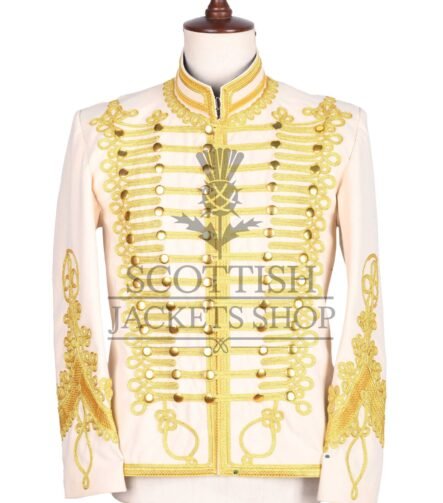 Cream military jacket with dense gold embroidery, mandarin collar and matte gold buttons - front view