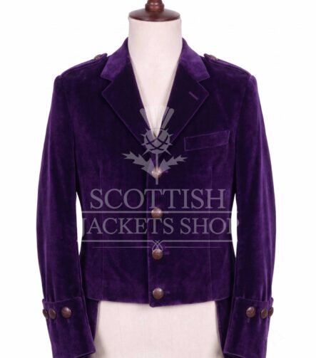 Purple velvet Kenmore doublet with notched lapels and antique buttons - front view