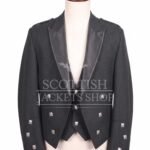 Black wool Prince Charlie jacket with satin peak lapels and silver buttons, matching waistcoat - front view