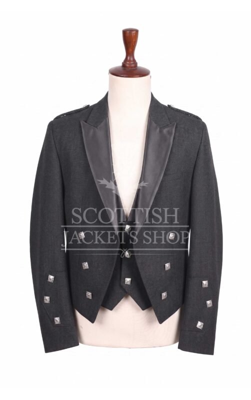Black wool Prince Charlie jacket with satin peak lapels and silver buttons, matching waistcoat - front view