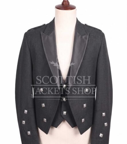 Black wool Prince Charlie jacket with satin peak lapels and silver buttons, matching waistcoat - front view
