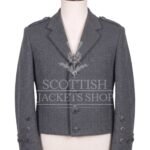 Grey herringbone tweed Kenmore doublet with notched lapels and antique buttons - front view
