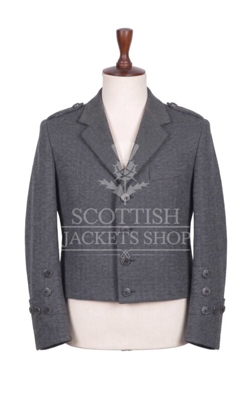 Grey herringbone tweed Kenmore doublet with notched lapels and antique buttons - front view