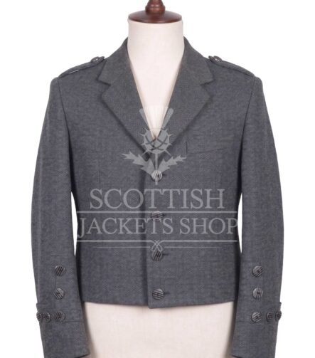 Grey herringbone tweed Kenmore doublet with notched lapels and antique buttons - front view