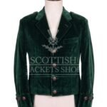 Green velvet Kenmore doublet with notched lapels and antique buttons - front view