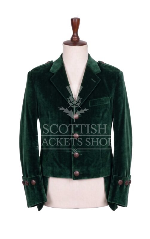 Green velvet Kenmore doublet with notched lapels and antique buttons - front view