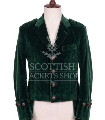 Green velvet Kenmore doublet with notched lapels and antique buttons - front view