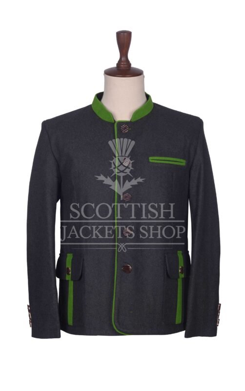 Men's Scottish Black and Green Wool German Jacket Traditional Highland Military Style