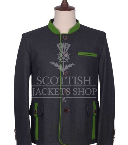 Men's Scottish Black and Green Wool German Jacket Traditional Highland Military Style