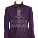 Purple Hussar military jacket with tonal braid and brown fur collar - front view