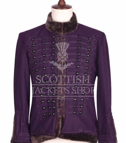 Purple Hussar military jacket with tonal braid and brown fur collar - front view