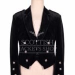Black velvet Prince Charlie jacket with peak lapels and silver buttons, matching waistcoat - front view