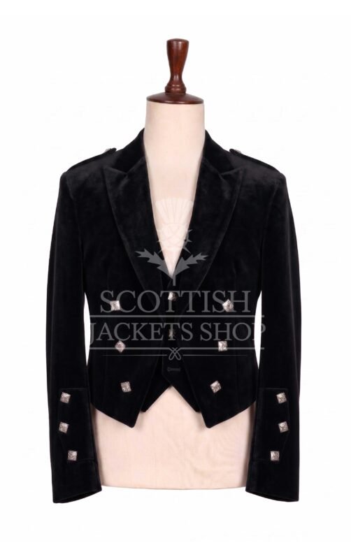 Black velvet Prince Charlie jacket with peak lapels and silver buttons, matching waistcoat - front view