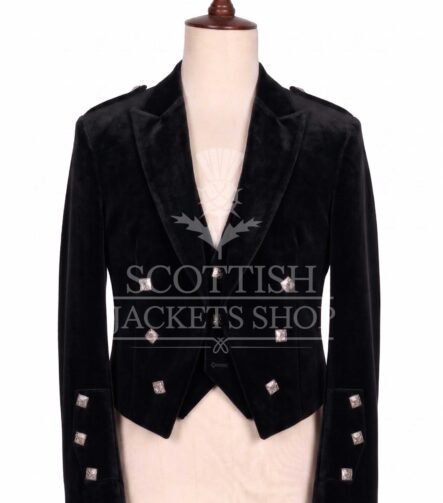 Black velvet Prince Charlie jacket with peak lapels and silver buttons, matching waistcoat - front view