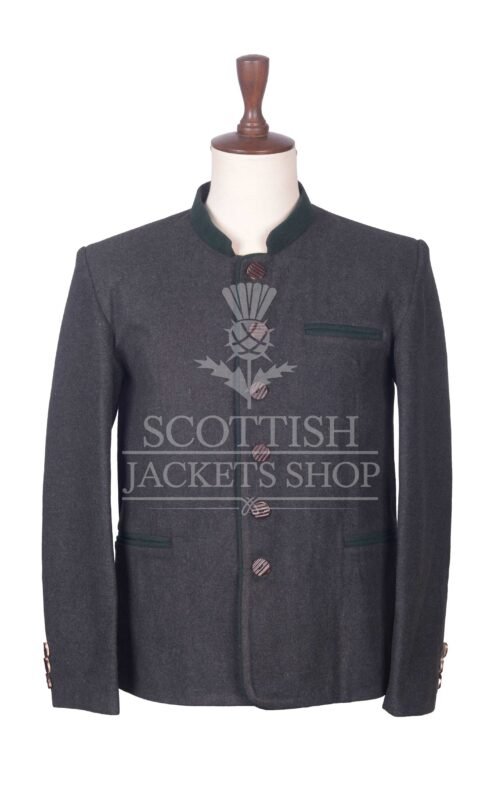 Men's Scottish Charcoal Grey and Green Wool German Jacket Traditional Highland Military Style