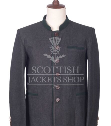 Men's Scottish Charcoal Grey and Green Wool German Jacket Traditional Highland Military Style