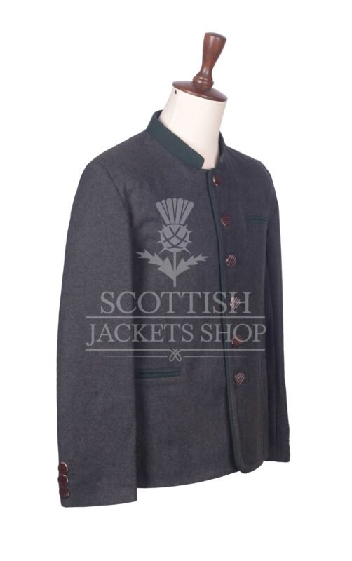 Men's Scottish Charcoal Grey and Green Wool German Jacket Traditional Highland Military Style