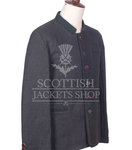 Men's Scottish Charcoal Grey and Green Wool German Jacket Traditional Highland Military Style