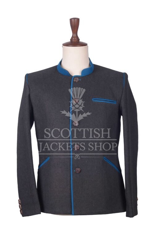 Men's Scottish Charcoal Grey and Sky Blue Wool German Jackets