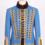 Sky blue Hussar military jacket with gold Brandenburg braid and fur collar - front view