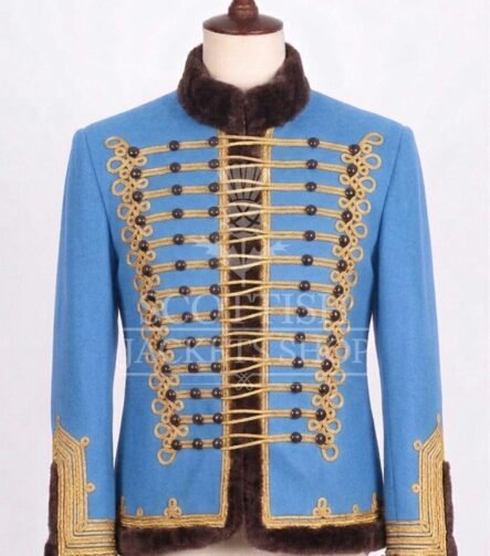 Sky blue Hussar military jacket with gold Brandenburg braid and fur collar - front view