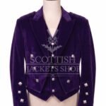 Purple velvet Prince Charlie jacket with peak lapels and silver buttons, matching waistcoat - front view