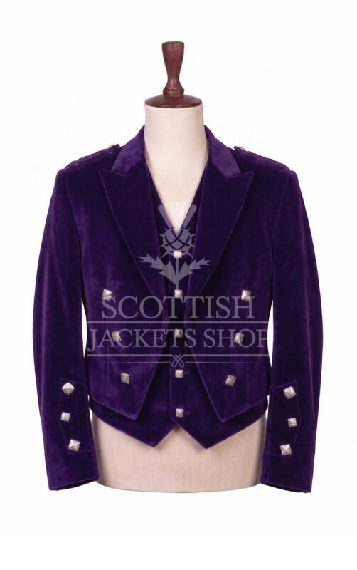 Purple velvet Prince Charlie jacket with peak lapels and silver buttons, matching waistcoat - front view