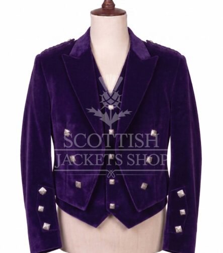 Purple velvet Prince Charlie jacket with peak lapels and silver buttons, matching waistcoat - front view