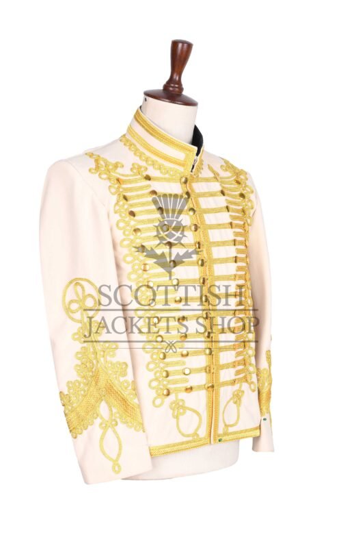 Cream military jacket with dense gold embroidery, mandarin collar and matte gold buttons - right view