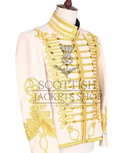 Cream military jacket with dense gold embroidery, mandarin collar and matte gold buttons - right view