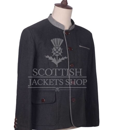 Men's Scottish Charcoal Grey Wool German Jacket Traditional Highland Military Style