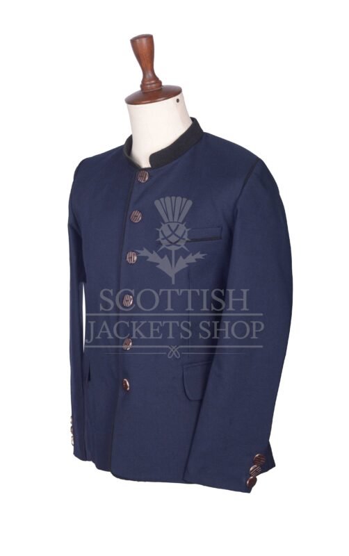 Men's Scottish Navy Blue and Black Wool German Jacket Traditional Highland Military Style