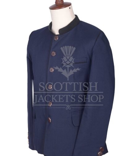Men's Scottish Navy Blue and Black Wool German Jacket Traditional Highland Military Style