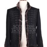 Black Hussar military jacket with tonal braid and brown fur collar - front view, open