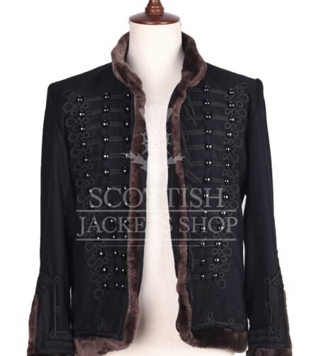 Black Hussar military jacket with tonal braid and brown fur collar - front view, open